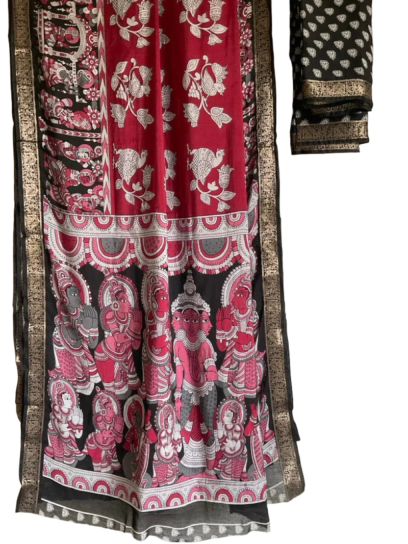 Red Kalamkari Saree with Indian Mythology & Black Bridal Border