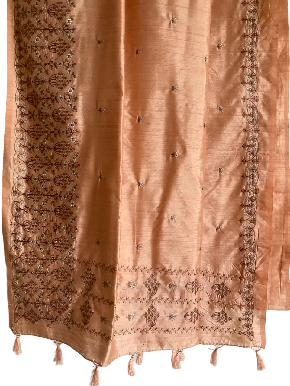 Peach Silk Saree with Brown Zari Embroidery & Tassel Border