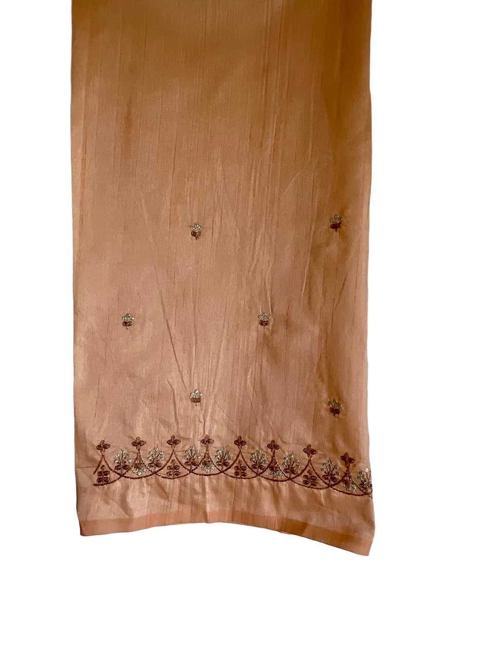 Peach Silk Saree with Brown Zari Embroidery & Tassel Border