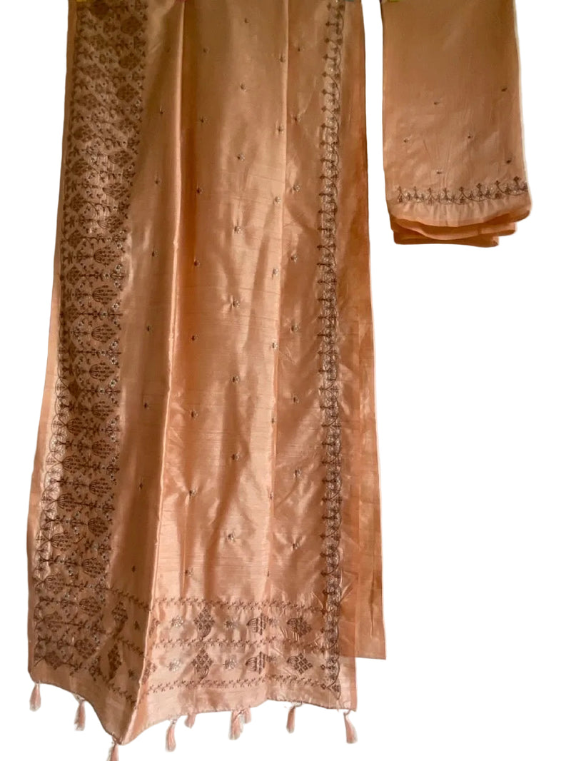 Peach Silk Saree with Brown Zari Embroidery & Tassel Border
