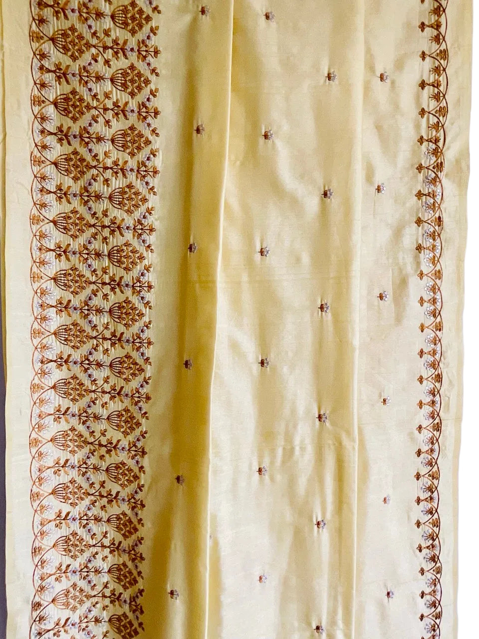 Yellow Silk Saree with Golden Zari Embroidery & Tassel Border