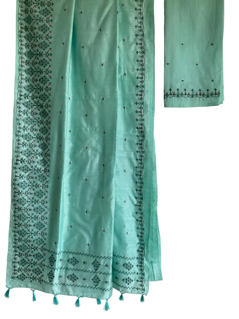 Embroidered-cotton-Saree-workwear-teal blue - aariyaa