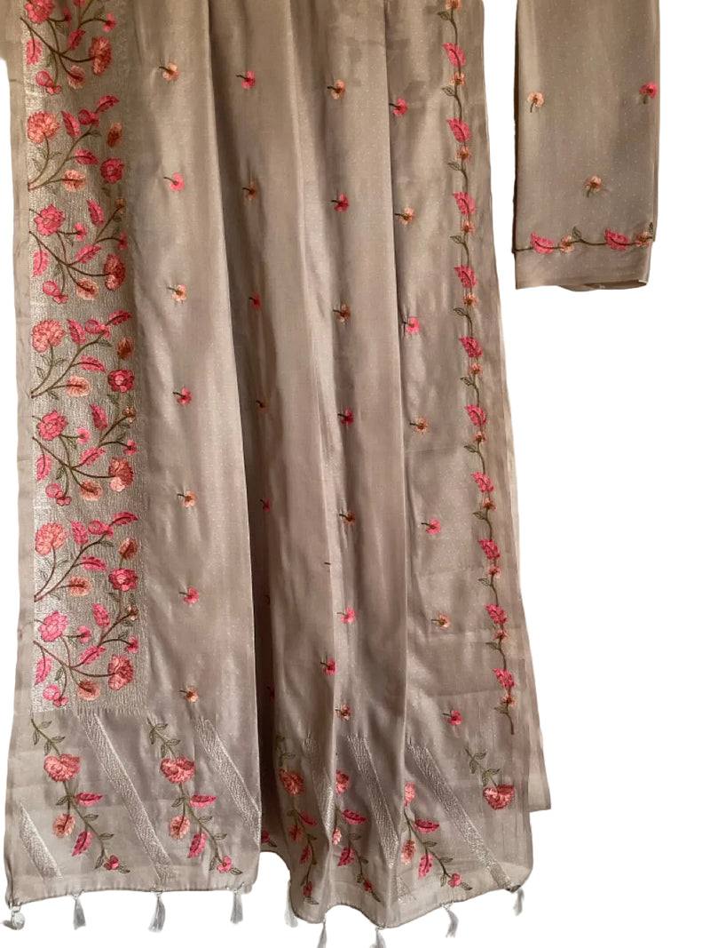 Grey Saree with Pink Floral Embroidery & Tassels