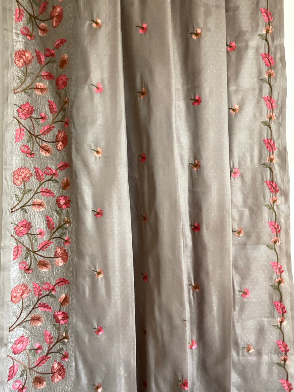 Grey Saree with Pink Floral Embroidery & Tassels