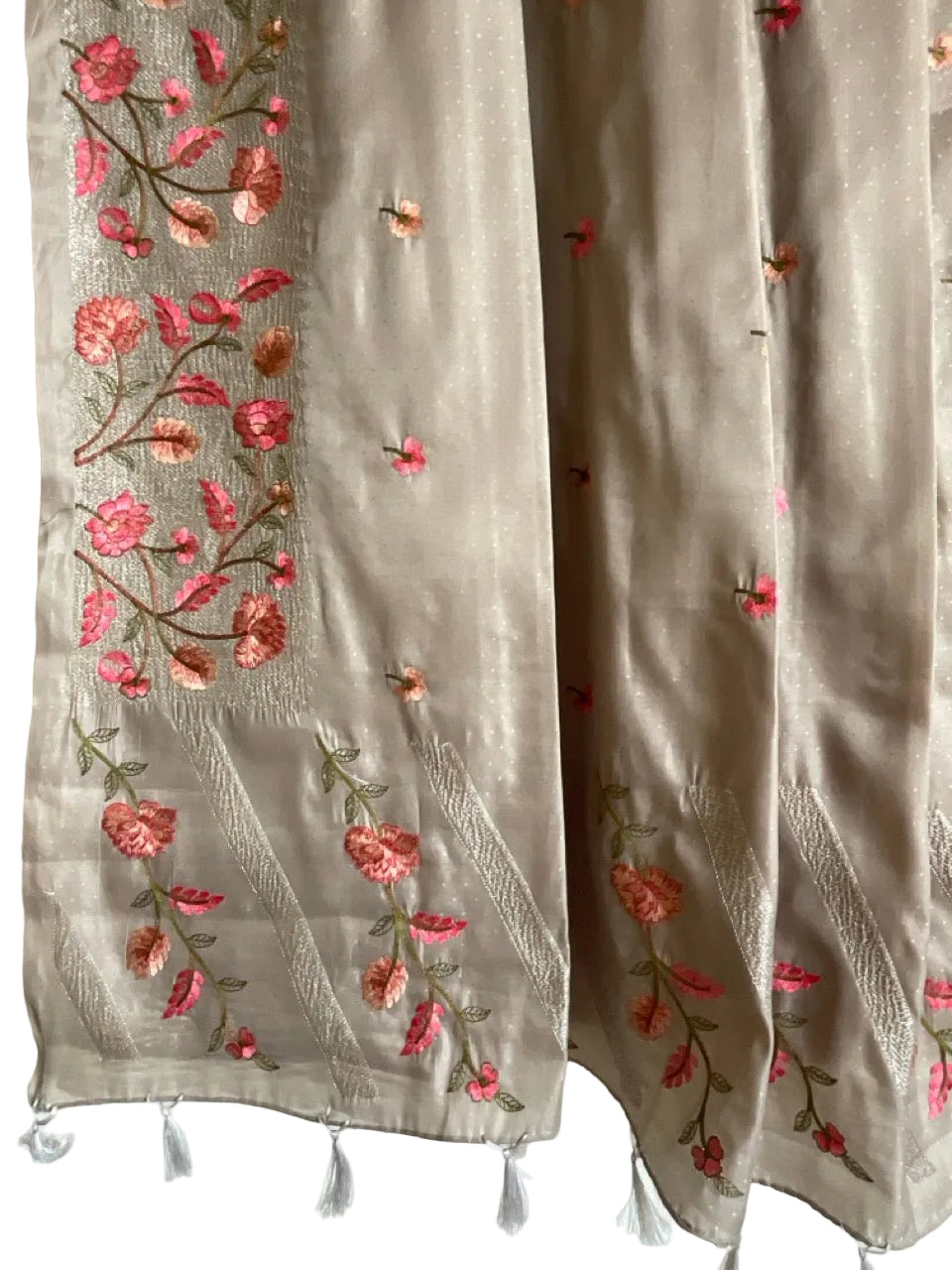 Grey Saree with Pink Floral Embroidery & Tassels