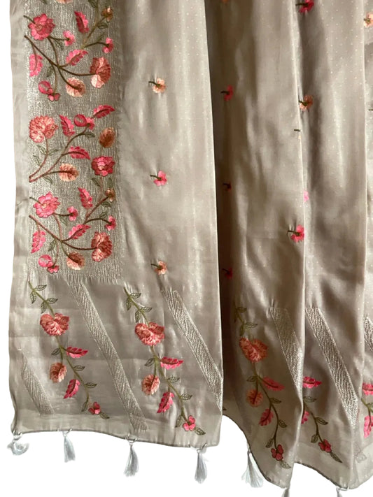 Grey Saree with Pink Floral Embroidery & Tassels