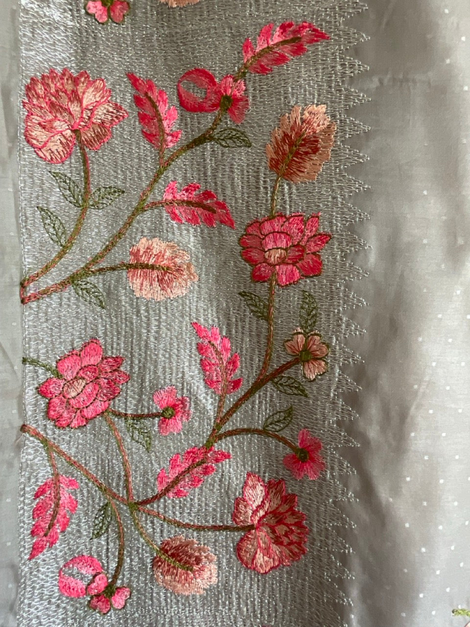 Grey Saree with Pink Floral Embroidery & Tassels