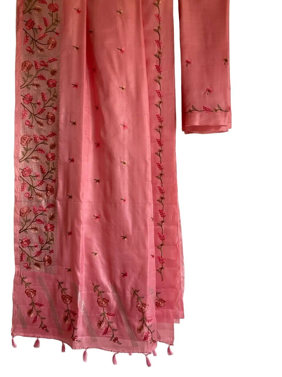Pink Saree with Floral Vine Embroidery & flower aariyaa