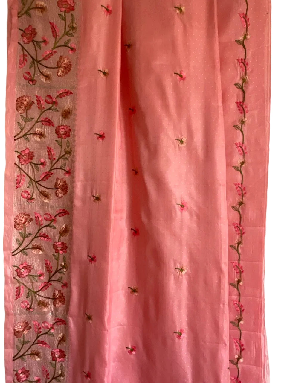 Pink Saree with Floral Vine Embroidery & flower aariyaa