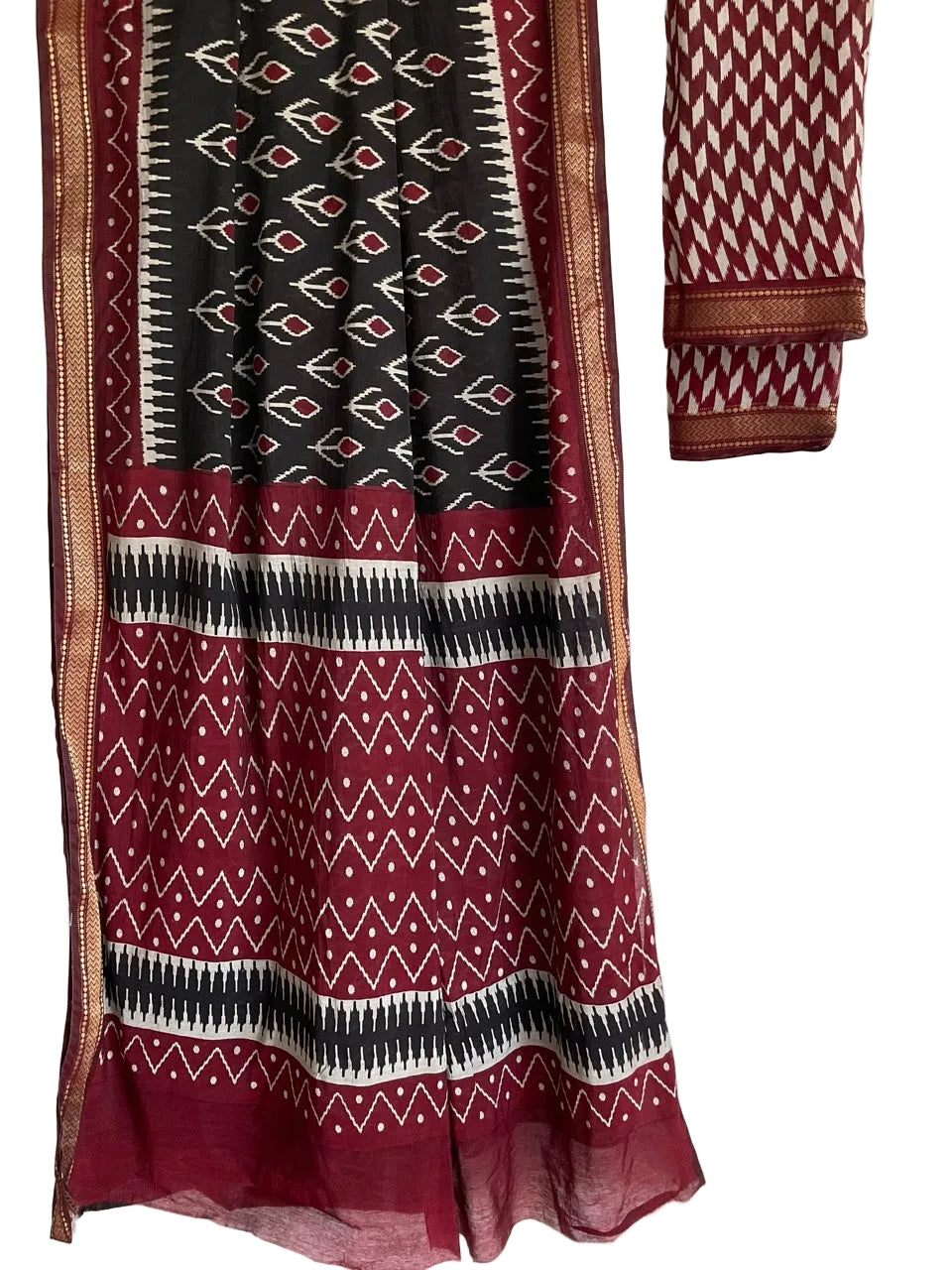Black & Maroon Ikat Saree with Gold Border Aariyaa