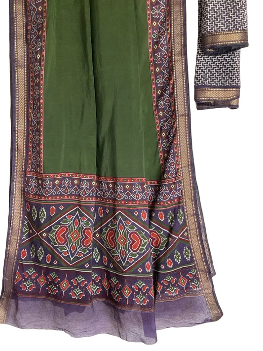 Green Saree with Navy Ikat Border & Gold Trim