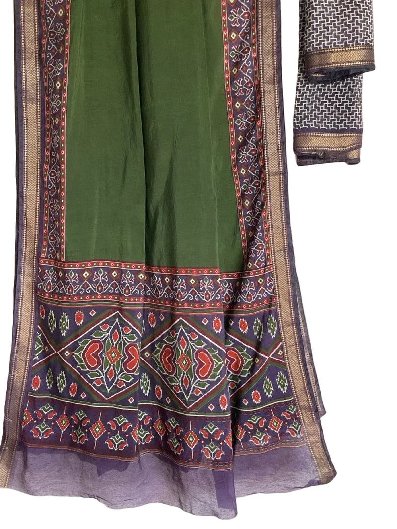 Green Saree with Navy Ikat Border & Gold Trim