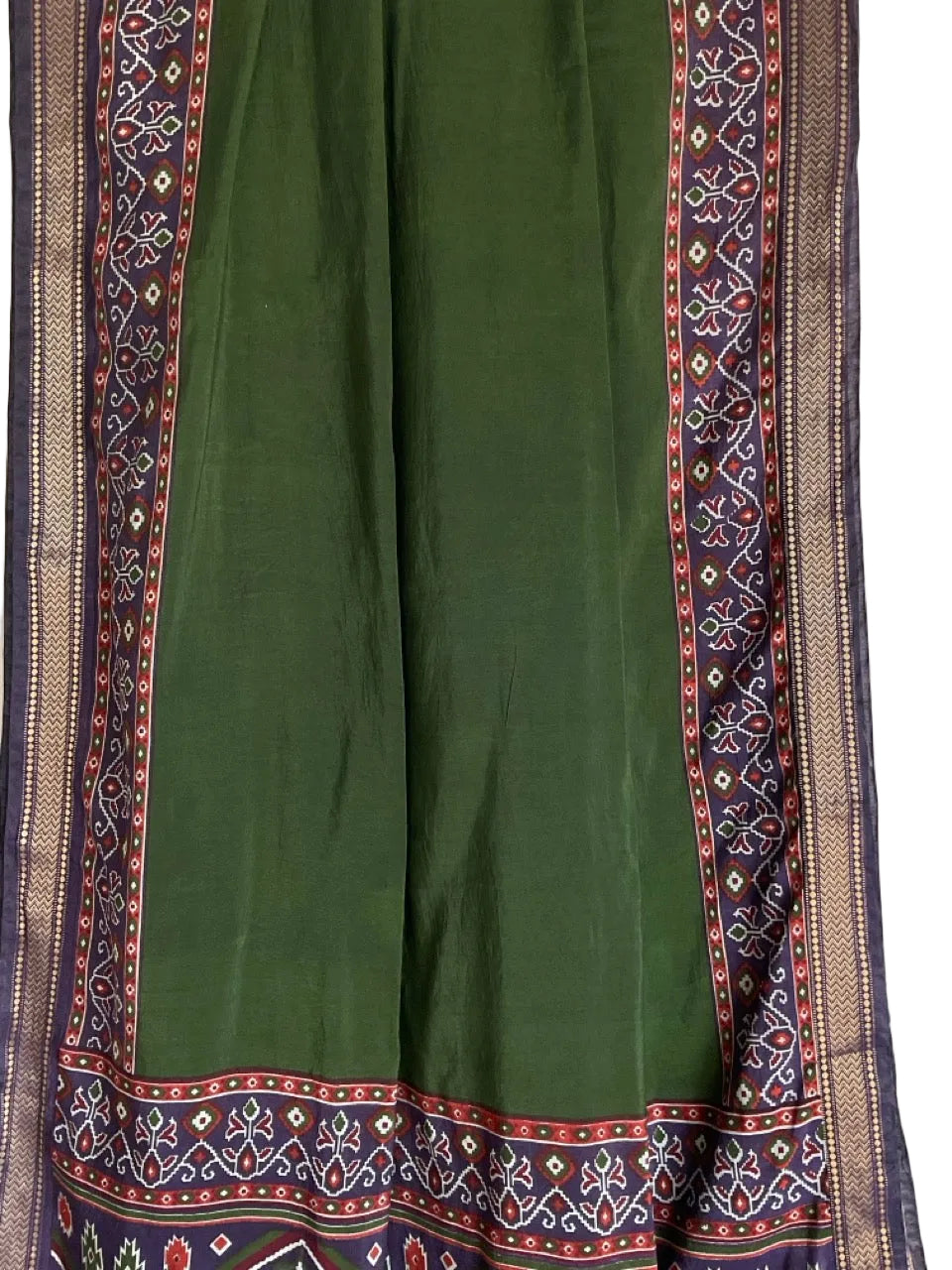 Green Saree with Navy Ikat Border & Gold Trim