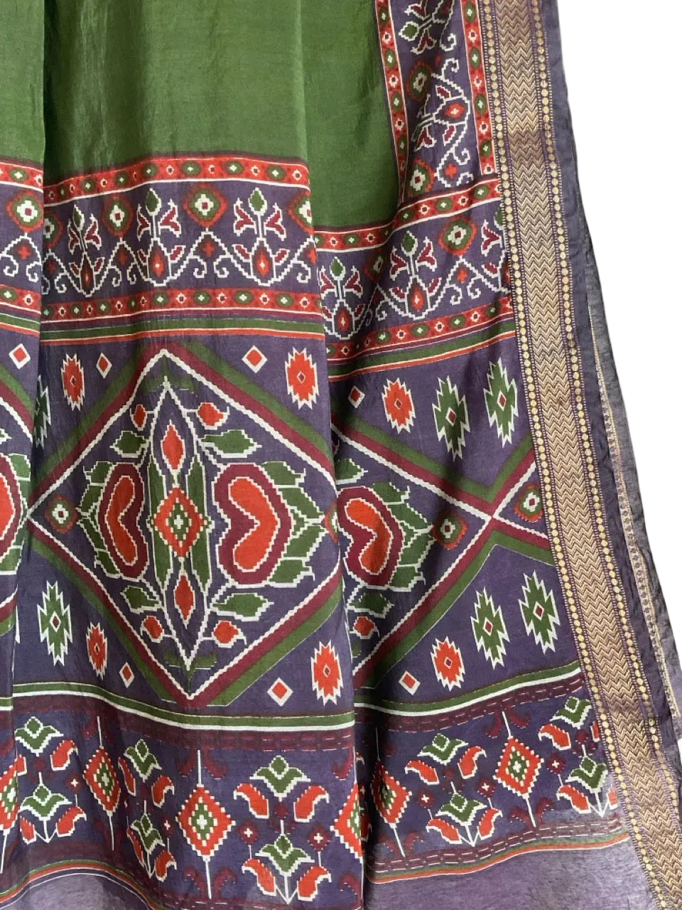 Green Saree with Navy Ikat Border & Gold Trim