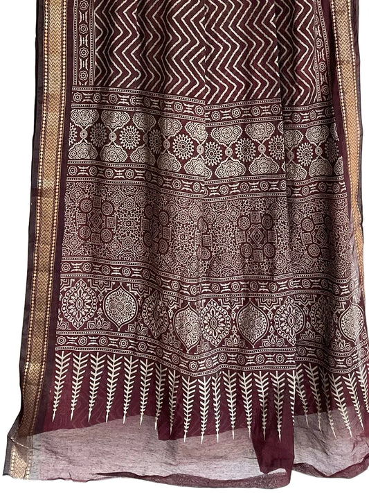 Brown cotton Indian print saree workwear