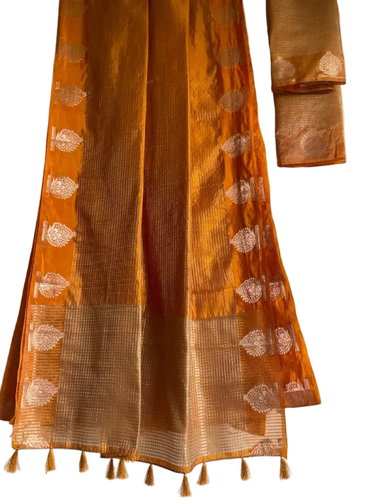 Yellow Tissue Silk Saree with Silver Zari Butis & Gold Tassel Border