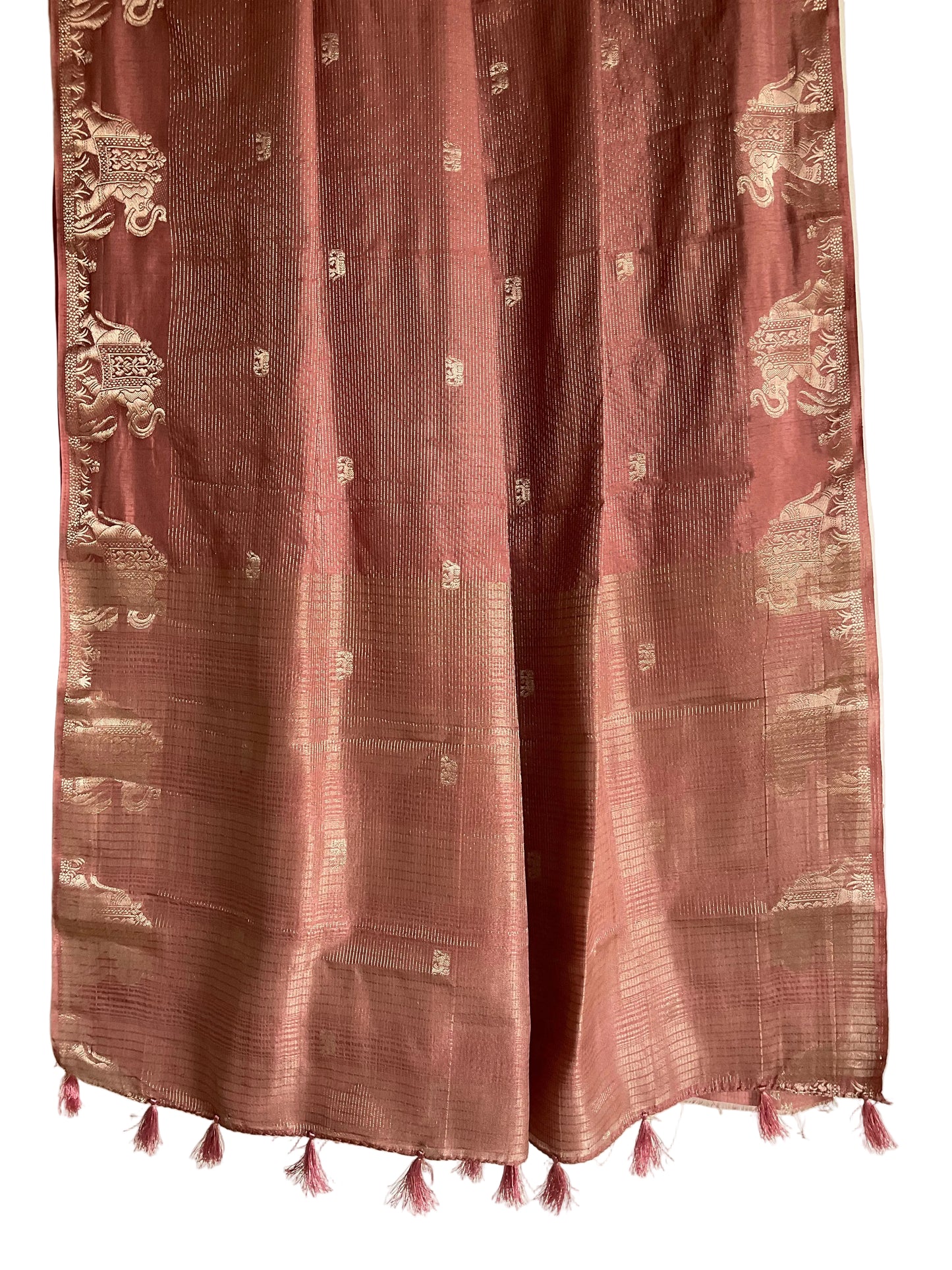 Dusty Rose Tissue Silk Saree with Gold Processional Elephant Border