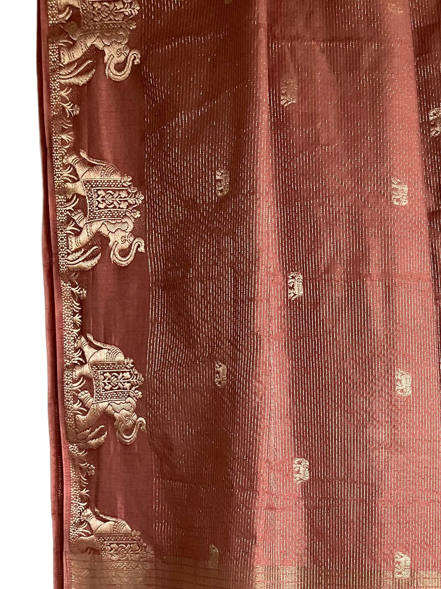 Dusty Rose Tissue Silk Saree with Gold Processional Elephant Border