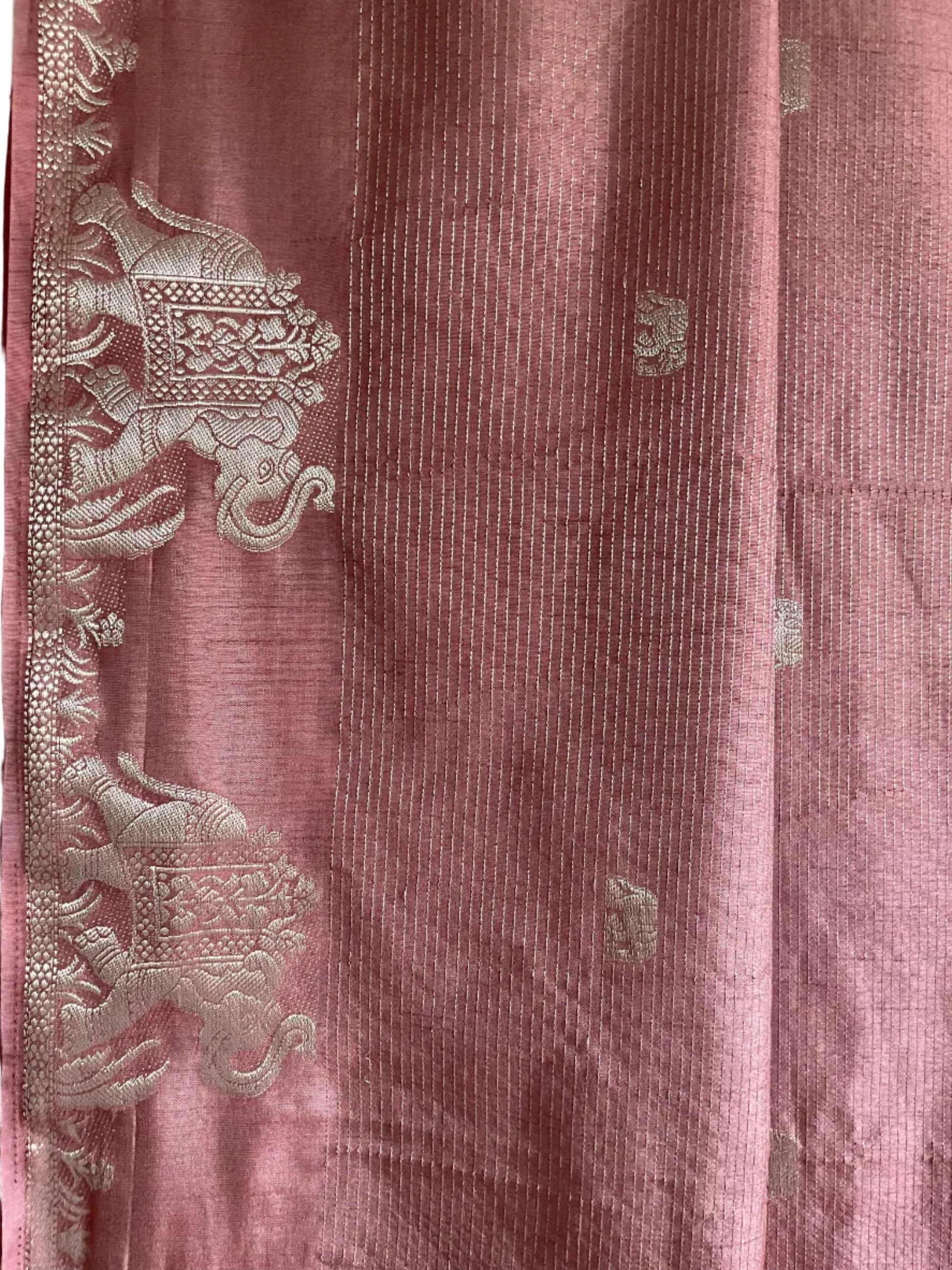 Dusty Rose Tissue Silk Saree with Gold Processional Elephant Border