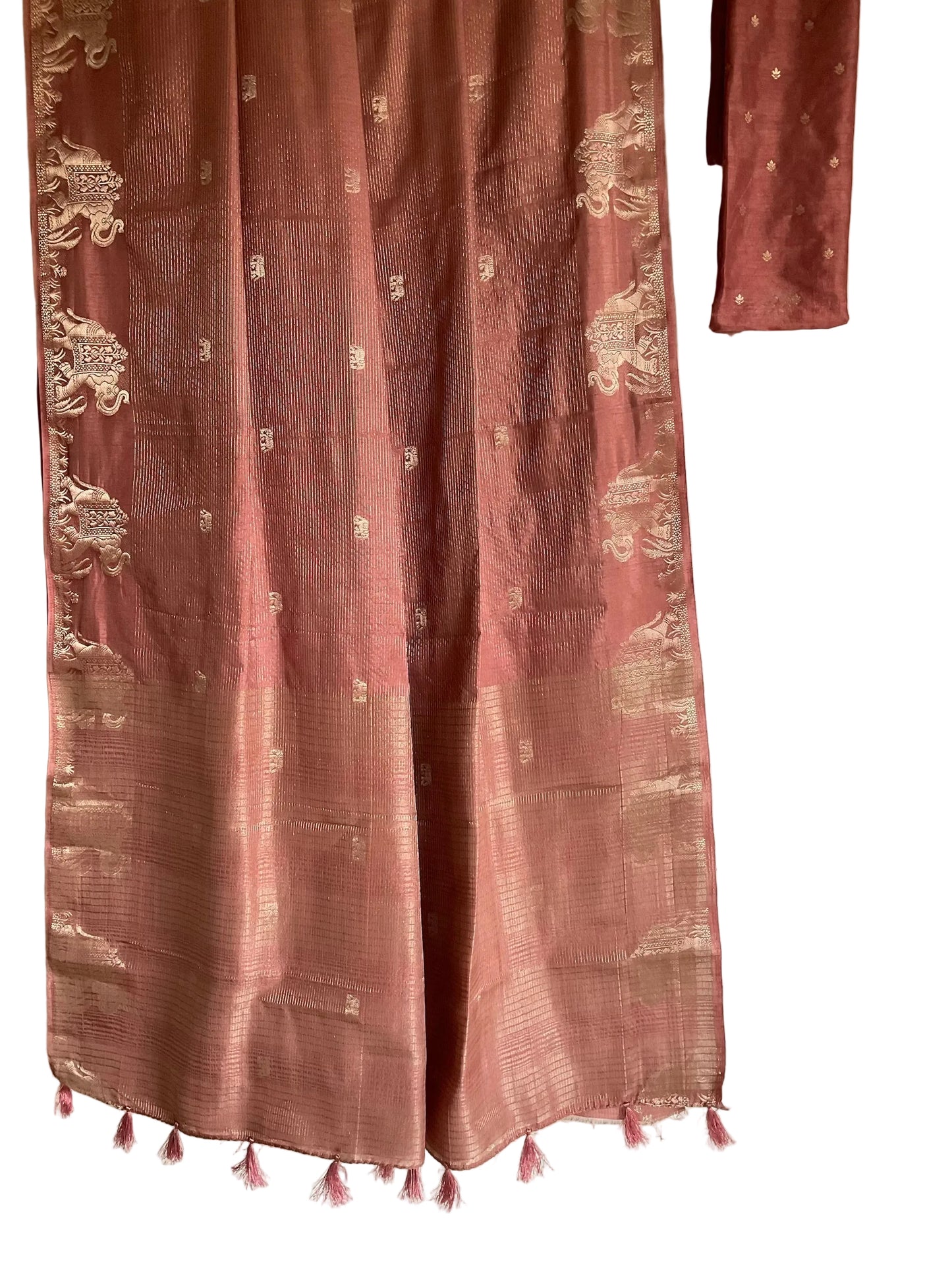 Dusty Rose Tissue Silk Saree with Gold Processional Elephant Border