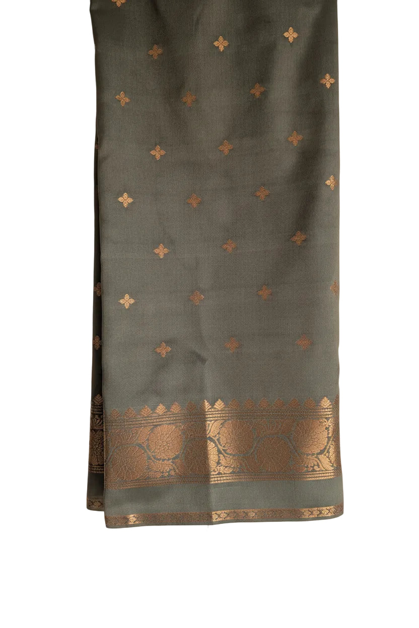 Shades of Green Soft Silk Saree with Gold Swan Buttas & Antique Gold Pallu