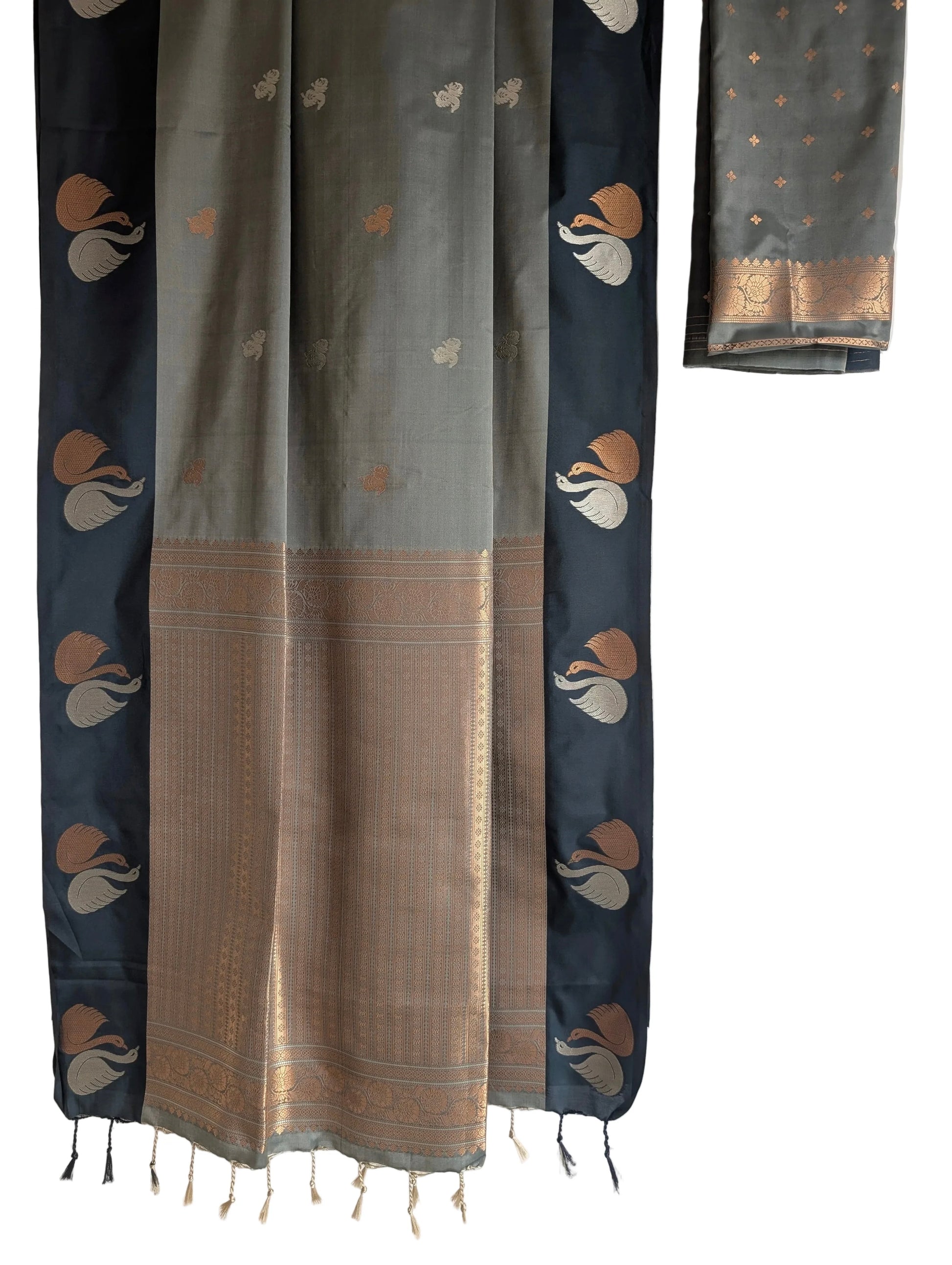 Shades of Green Soft Silk Saree with Gold Swan Buttas & Antique Gold Pallu