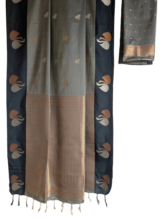 Shades of Green Soft Silk Saree with Gold Swan Buttas & Antique Gold Pallu