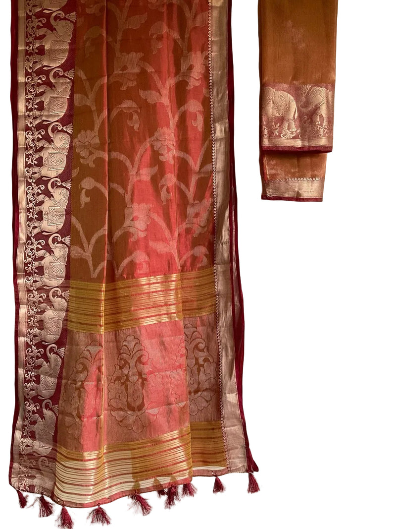Red Tissue Silk Saree with Silver Zari Vine Weave & Elephant Border