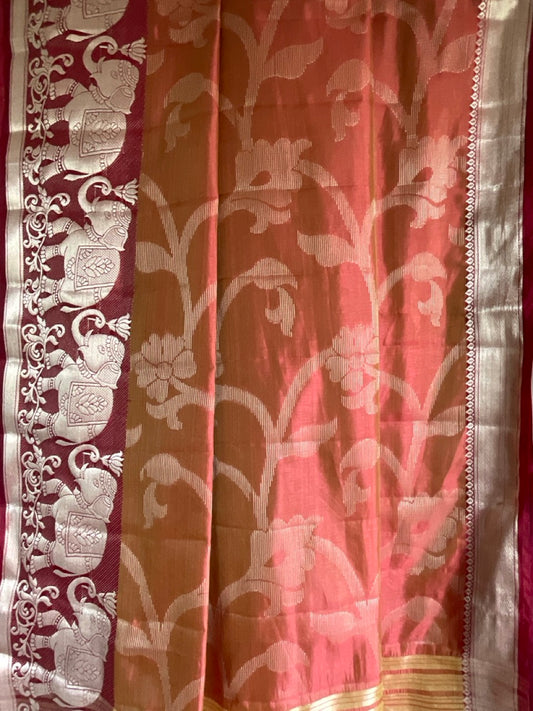 Red Tissue Silk Saree with Silver Zari Vine Weave & Elephant Border