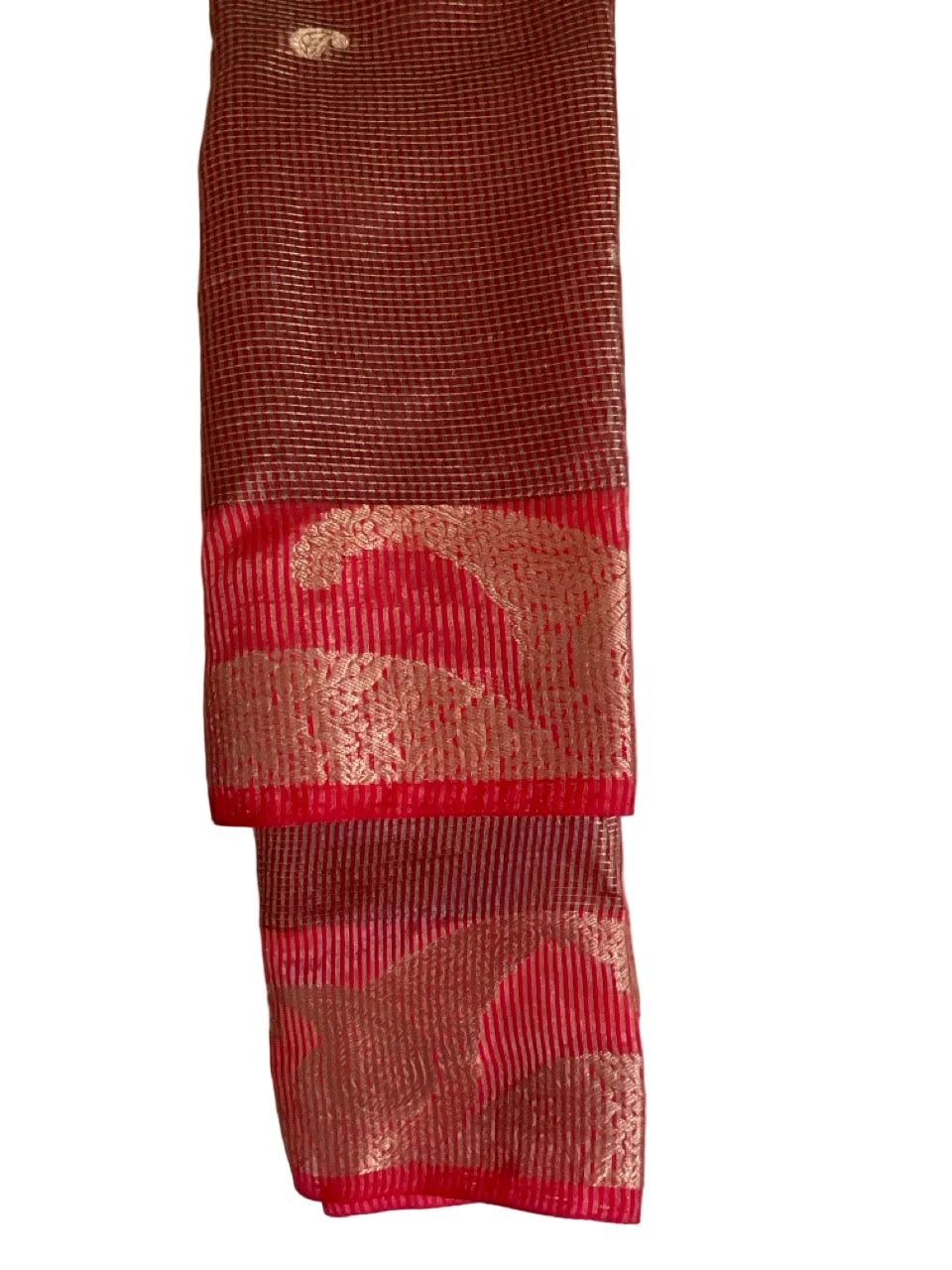 Crimson Red Tissue Silk Saree with Gold Paisley Buttas & Zari Border