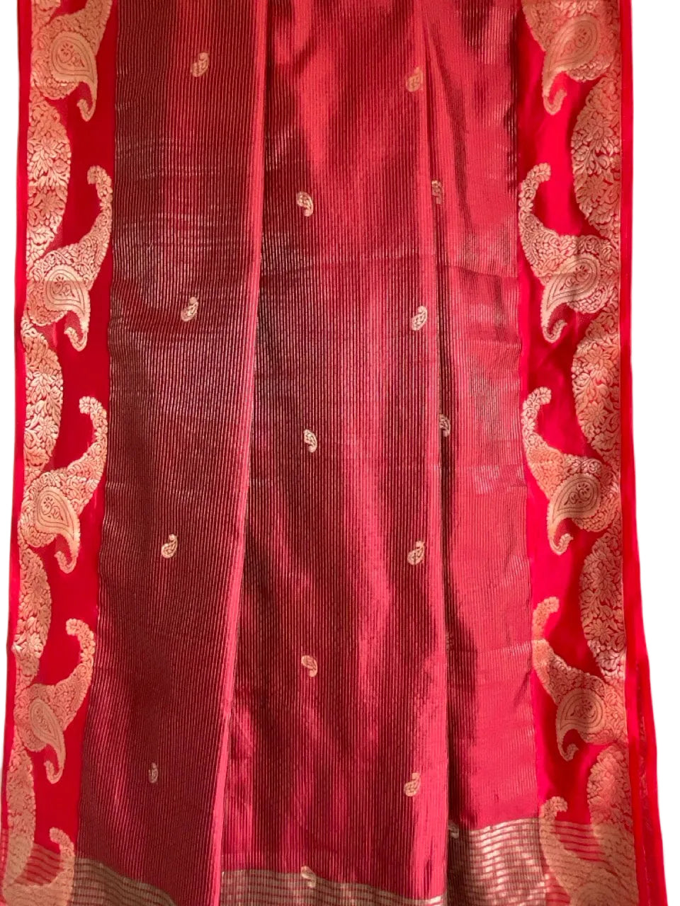 Crimson Red Tissue Silk Saree with Gold Paisley Buttas & Zari Border