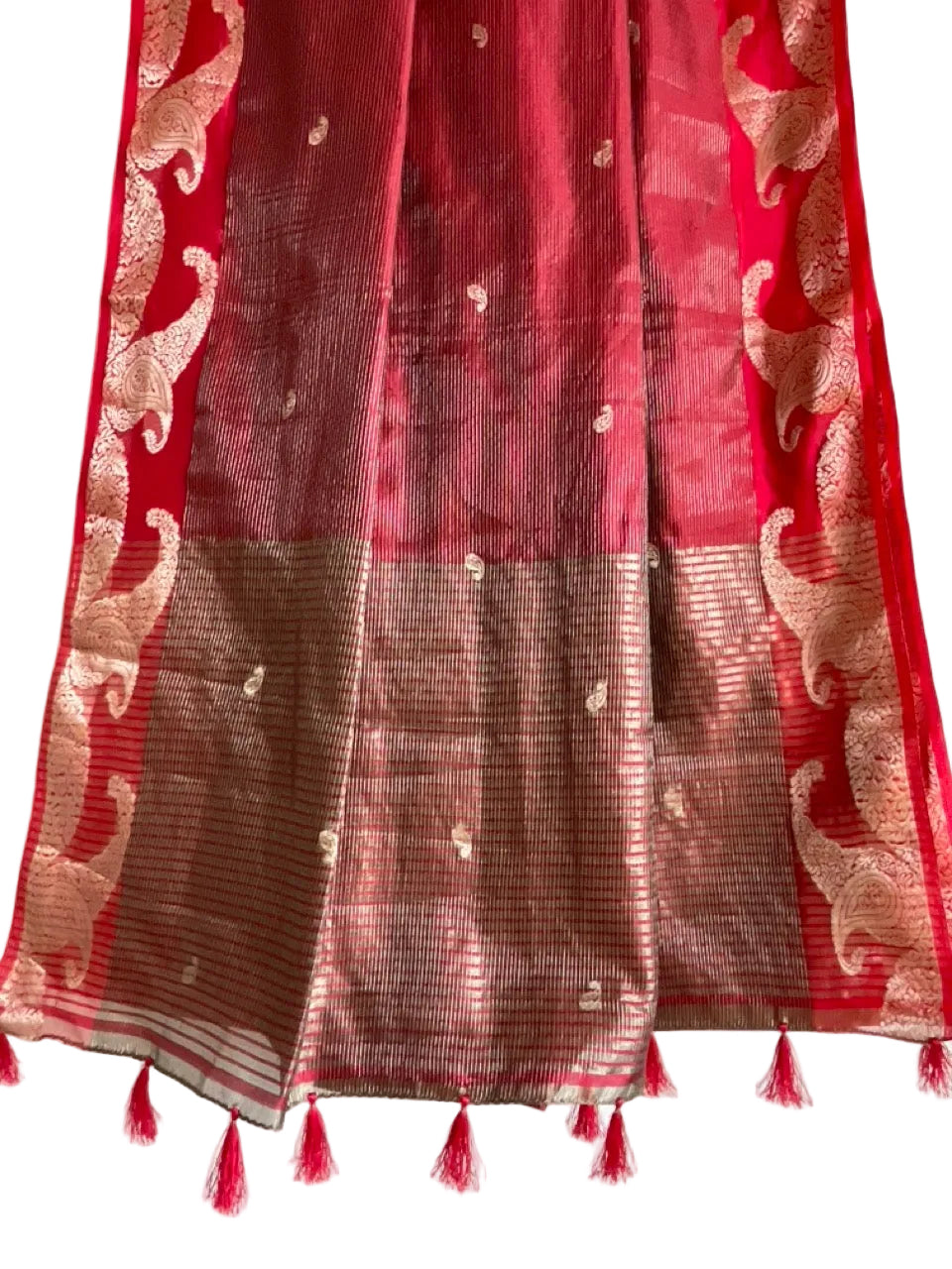 Crimson Red Tissue Silk Saree with Gold Paisley Buttas & Zari Border