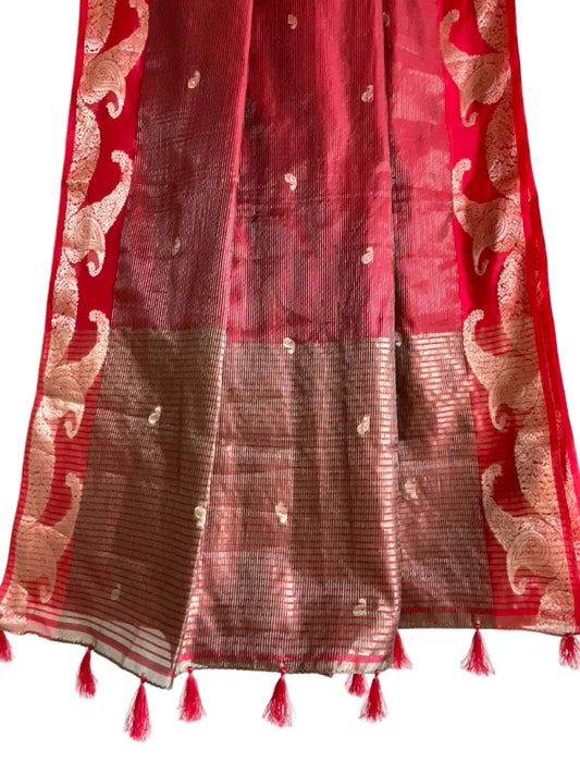 Crimson Red Tissue Silk Saree with Gold Paisley Buttas & Zari Border