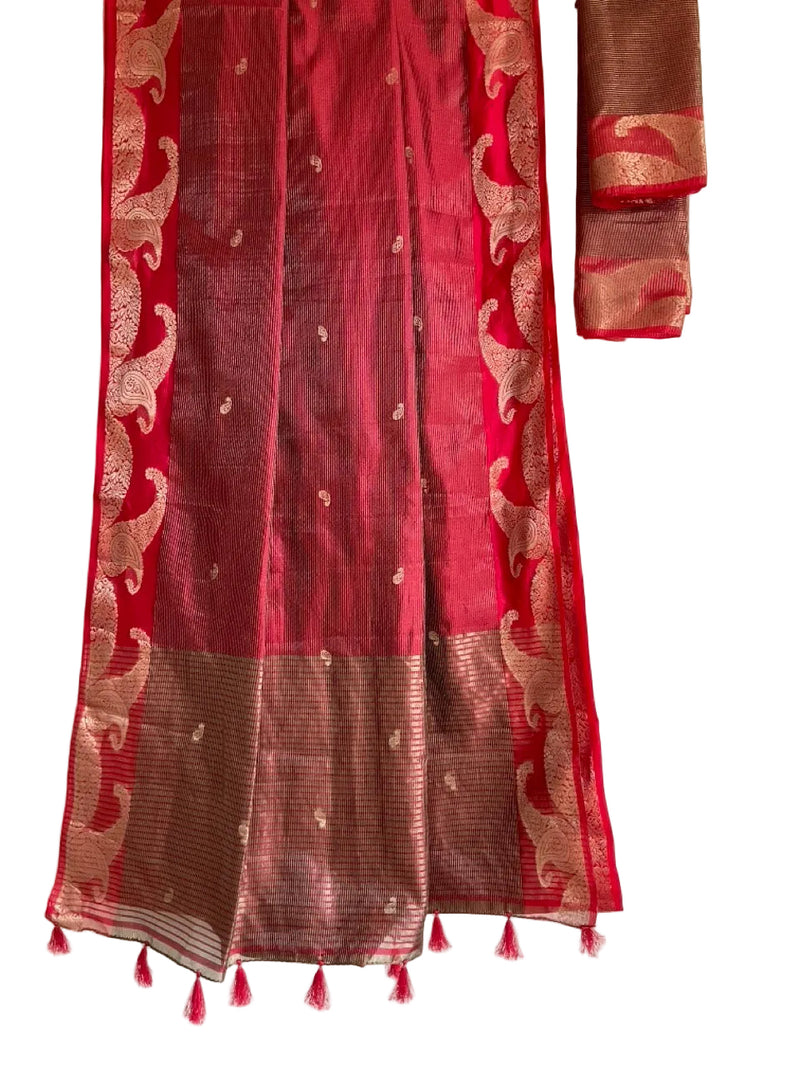 Crimson Red Tissue Silk Saree with Gold Paisley Buttas & Zari Border