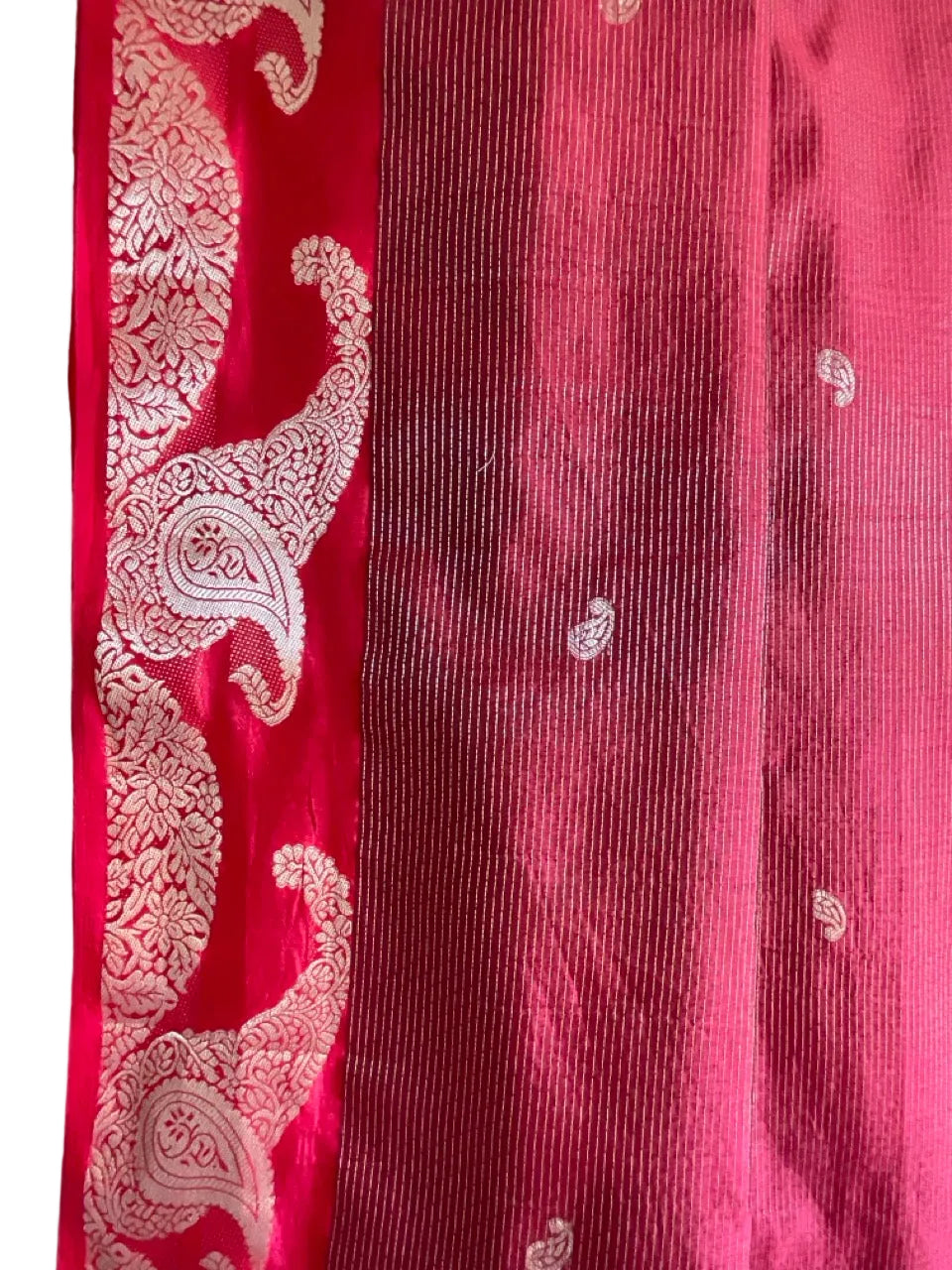 Crimson Red Tissue Silk Saree with Gold Paisley Buttas & Zari Border