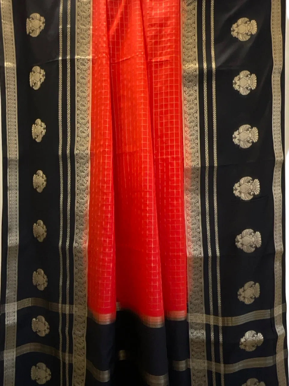 Red Crepe Saree | Golden Checks & Black Gandabherunda Motif Border