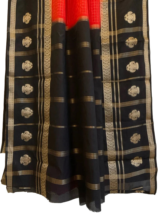 Red Crepe Saree | Golden Checks & Black Gandabherunda Motif Border