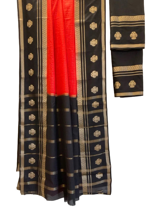 Red Crepe Saree | Golden Checks & Black Gandabherunda Motif Border