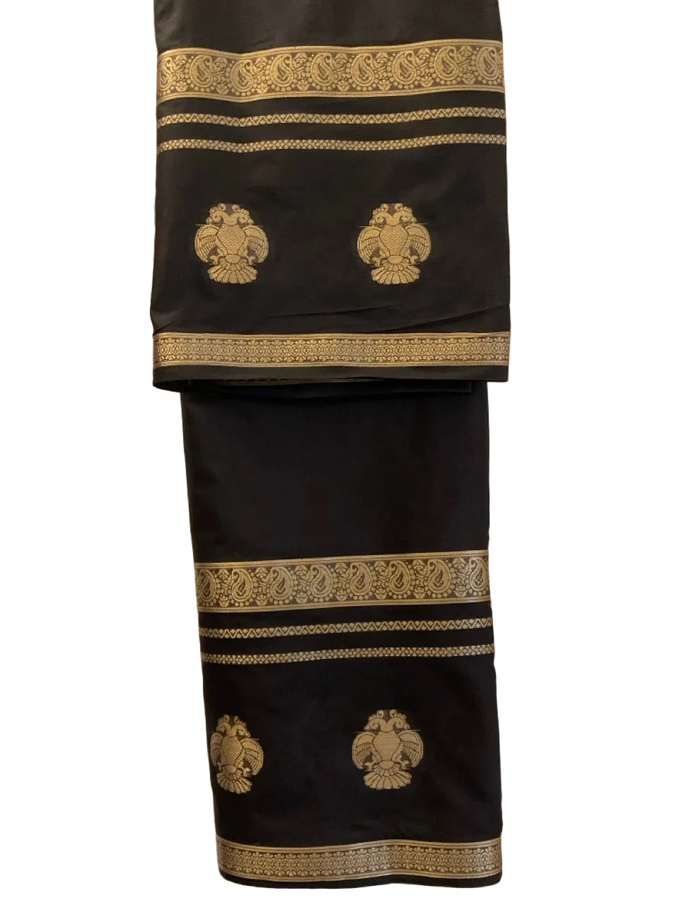 Red Crepe Saree | Golden Checks & Black Gandabherunda Motif Border