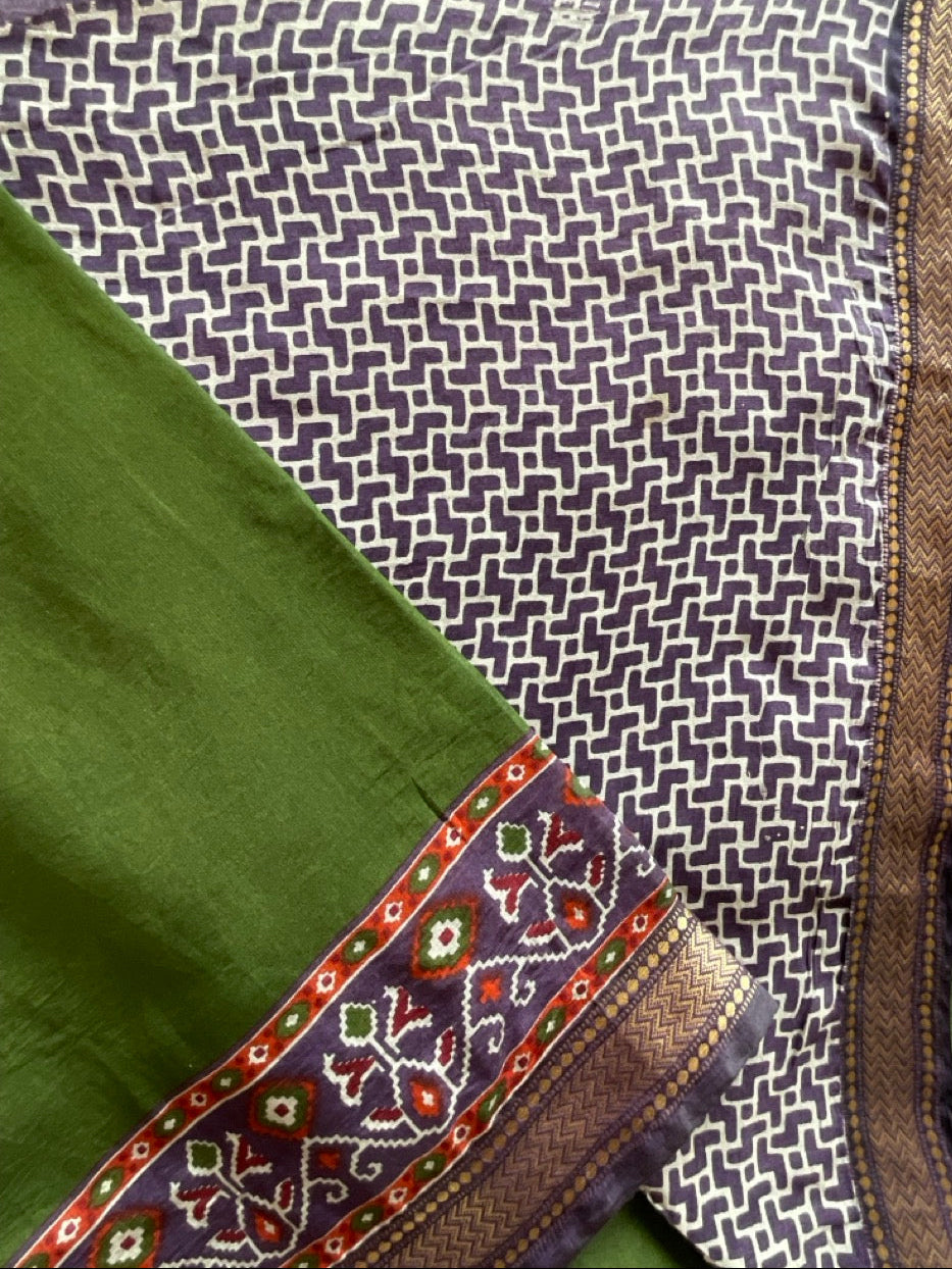 Green Saree with Navy Ikat Border & Gold Trim