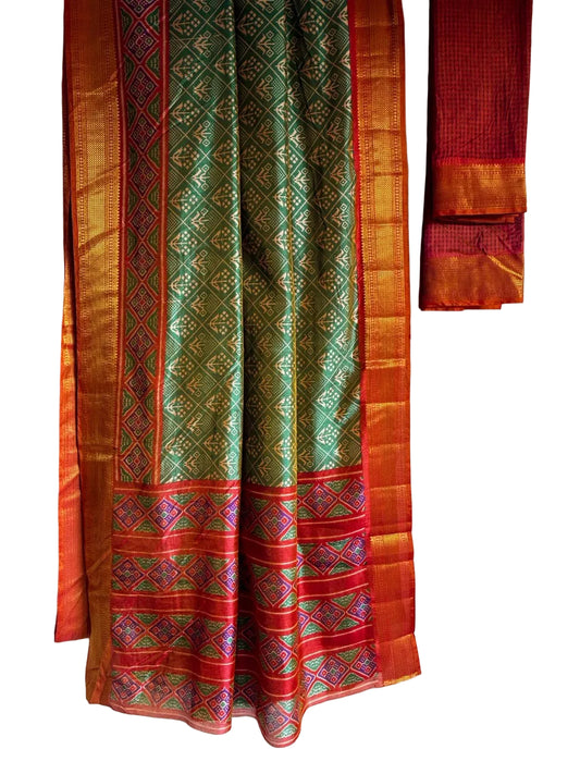 Green Patola Silk Saree with Gold Zari Border