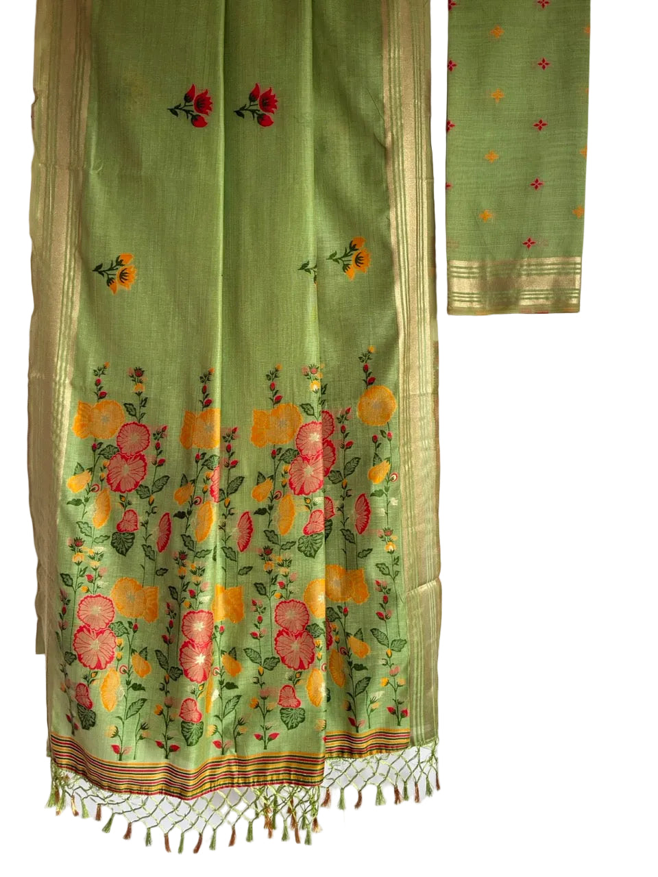 parrot  green with bright floral woven pallu aariyaa saree