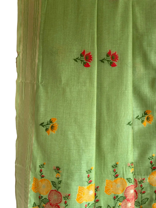 parrot  green with bright floral woven pallu aariyaa saree