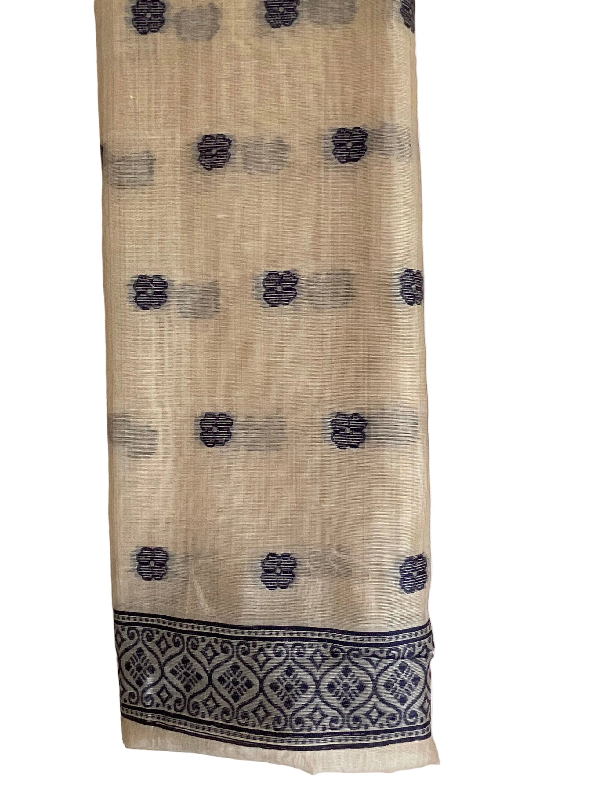 Cream & Blue Jamdani Cotton Saree with Floral Vine Jaal & Silver