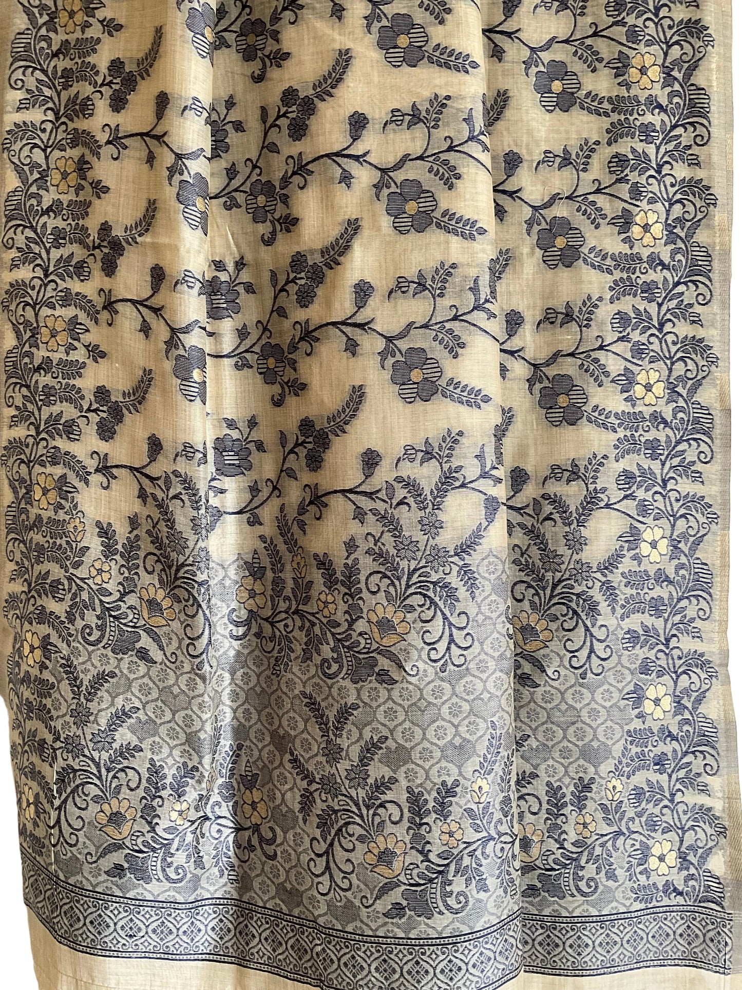Cream & Blue Jamdani Cotton Saree with Floral Vine Jaal & Silver Zari Pallu
