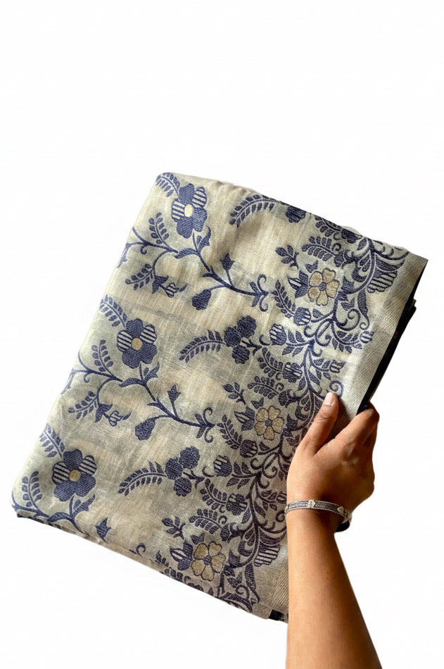 Cream & Blue Jamdani Cotton Saree with Floral Vine Jaal & Silver Zari Pallu