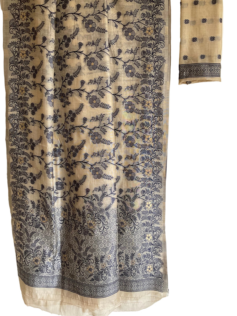 Cream & Blue Jamdani Cotton Saree with Floral Vine Jaal & Silver Zari Pallu
