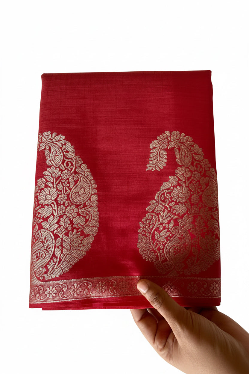 Red Soft Silk Aariyaa Saree with Golden Paisley Motifs & Zari Border