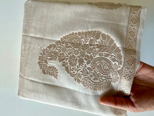 White Cotton Blend Saree with Gold Mango Motifs