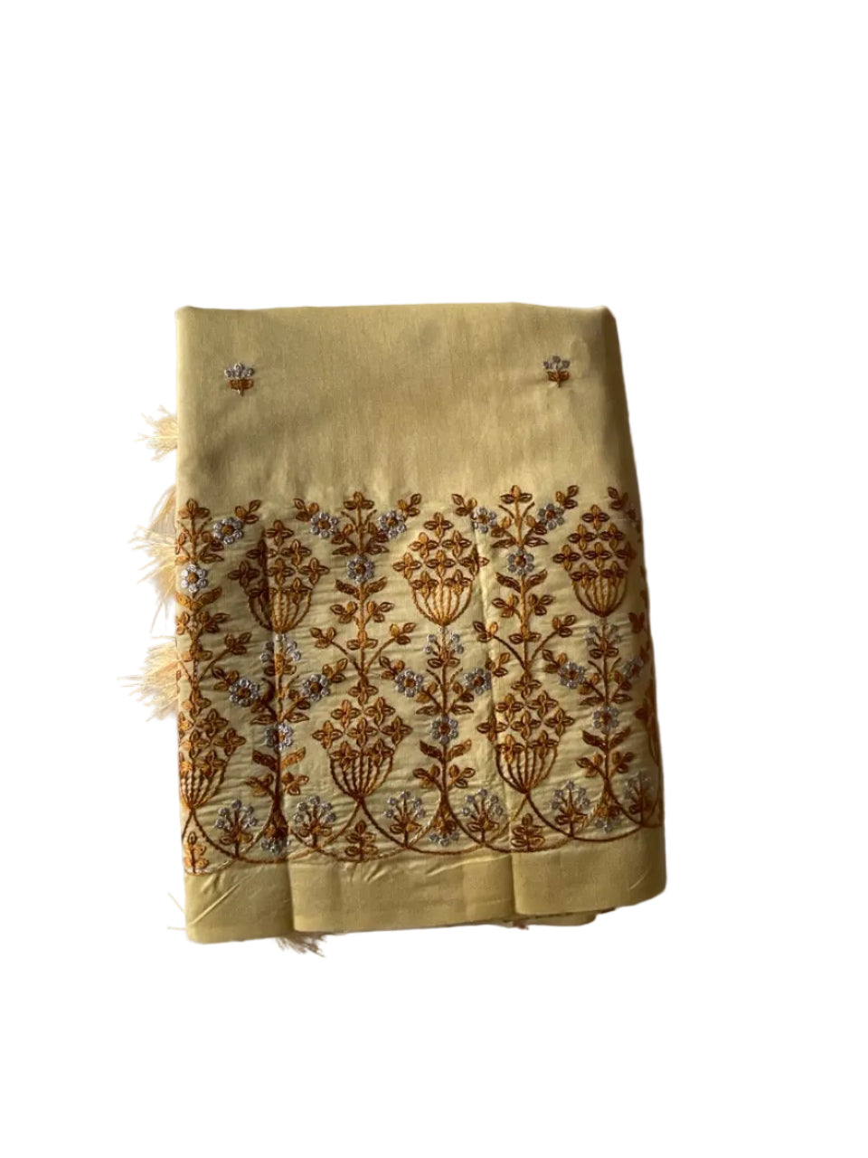 Yellow Silk Saree with Golden Zari Embroidery & Tassel Border